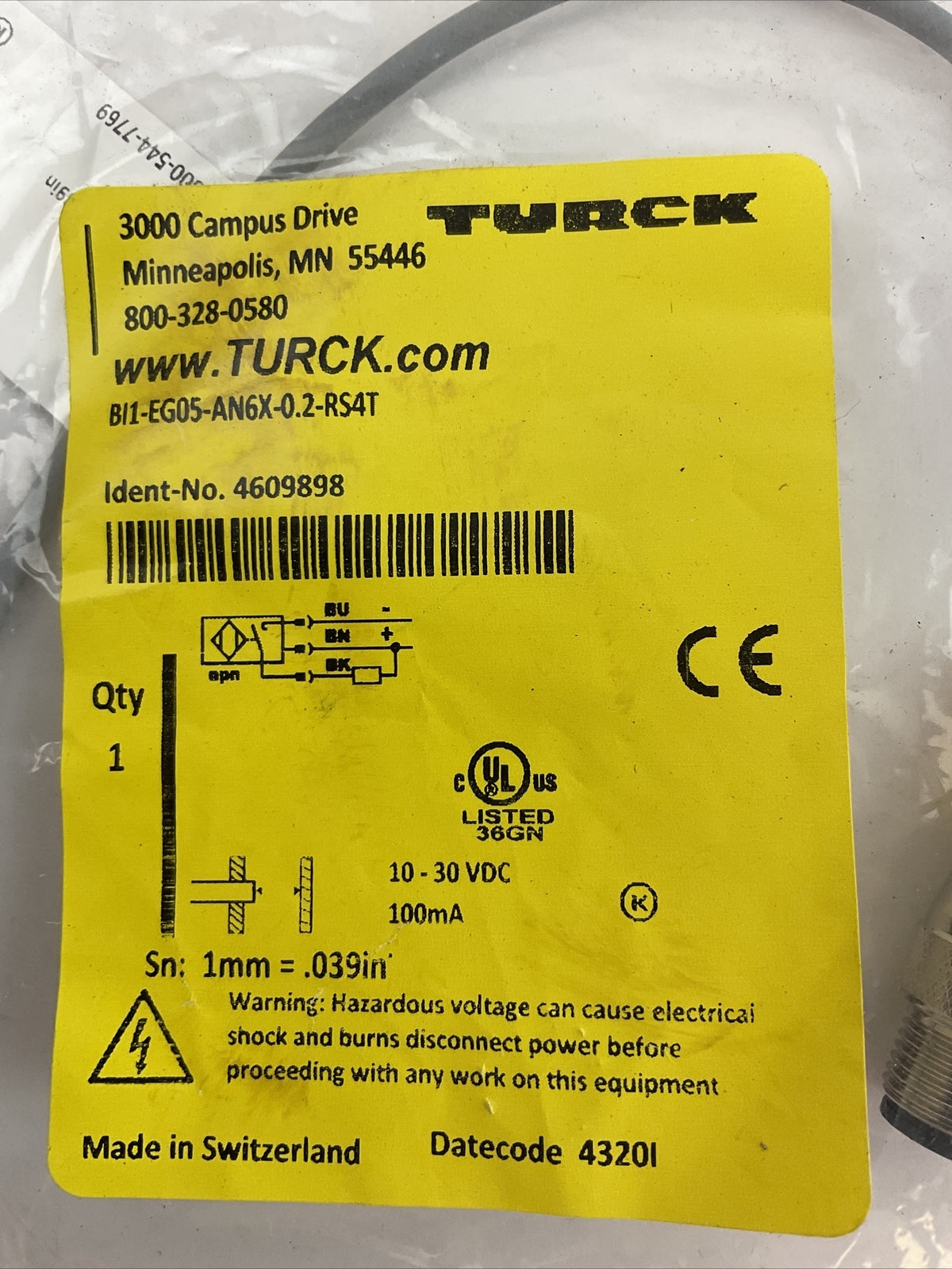 TURCK BI1-EG05-AN6X-0.2-RS4T INDUCTIVE SENSOR 10-30VDC 100mA