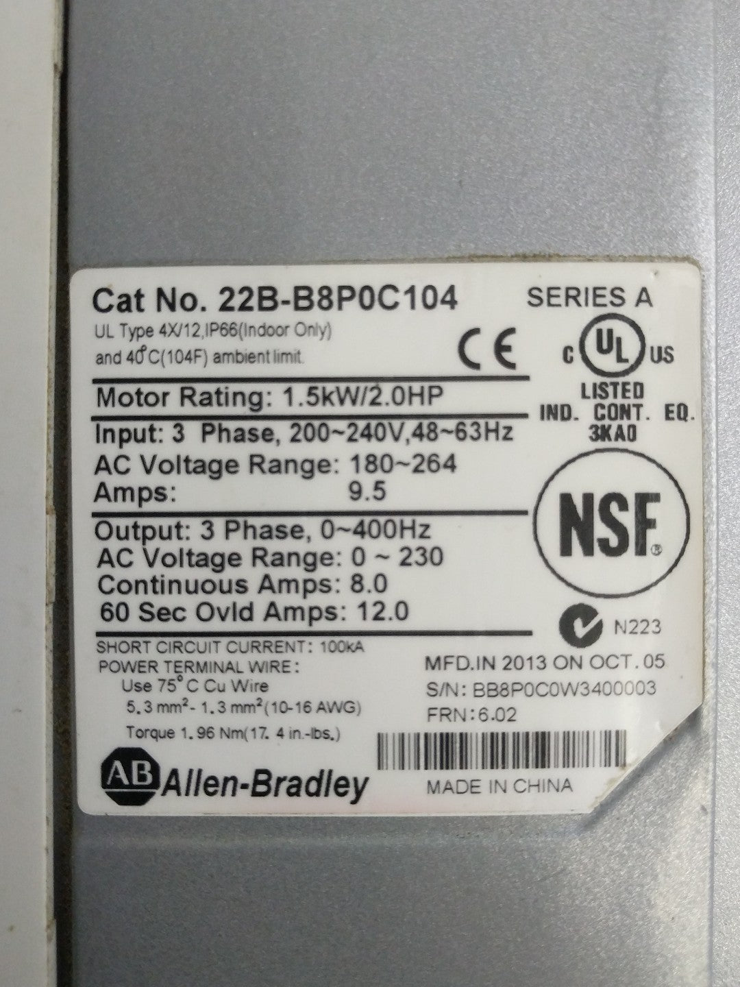 Allen Bradley 22B-B8P0C104 Ser A Powerflex 40 AC Drive 3 phase Type IP65