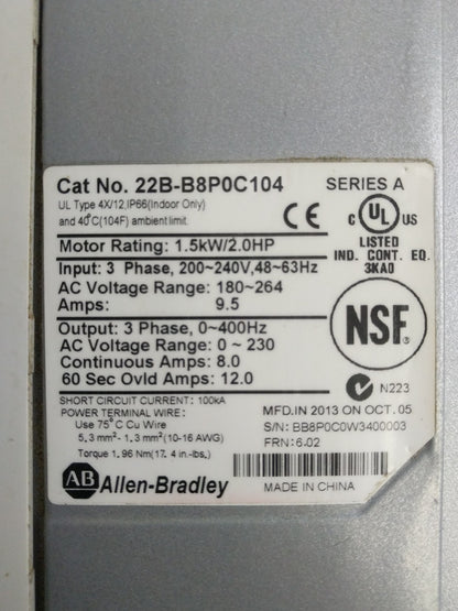 Allen Bradley 22B-B8P0C104 Ser A Powerflex 40 AC Drive 3 phase Type IP65