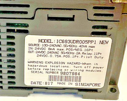 GE IC693UDR005PP1 PROGRAMMABLE CONTROLLER MODULE 40VA 240VAC SERIES 90 MICRO