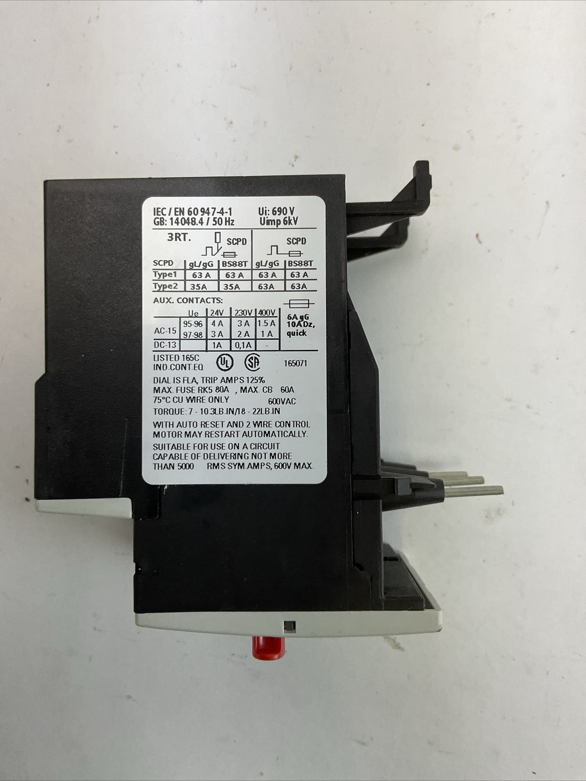 SIEMENS 3RU1126-4CB0 OVERLOAD RELAY 600VAC 60A