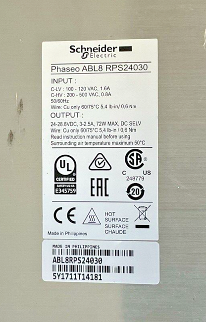 SCHNEIDER ABL8RPS24030 POWER SUPPLY 24VDC 3A