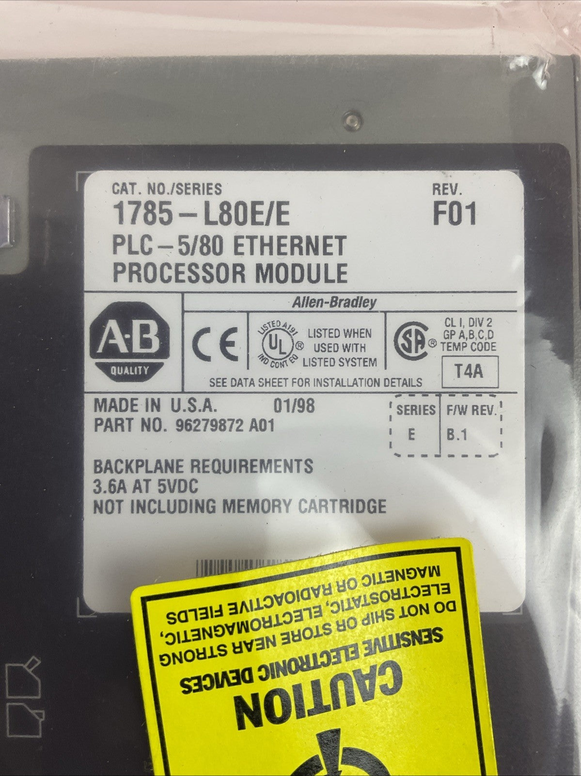 ALLEN BRADLEY 1785-L80E SER E REV F01 F/W REV B.1 PLC 5/80 ETHERNET PROCESSOR