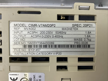 YASKAWA CIMR-V7AM20P2 AC DRIVE OUTPUT 3PH 0-230VAC 0-400HZ 1.6A INPUT 200-230VAC