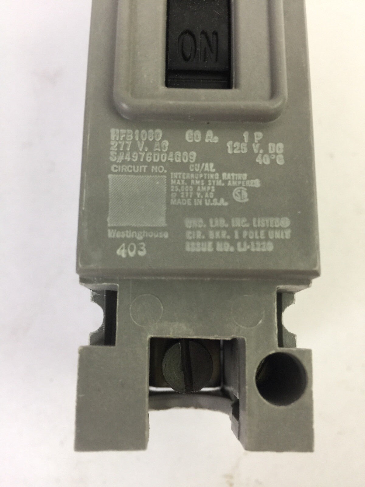 WESTINGHOUSE HFB1060 CIRCUIT BREAKER 60AMP 1POLE 277VAC 4976D04G09