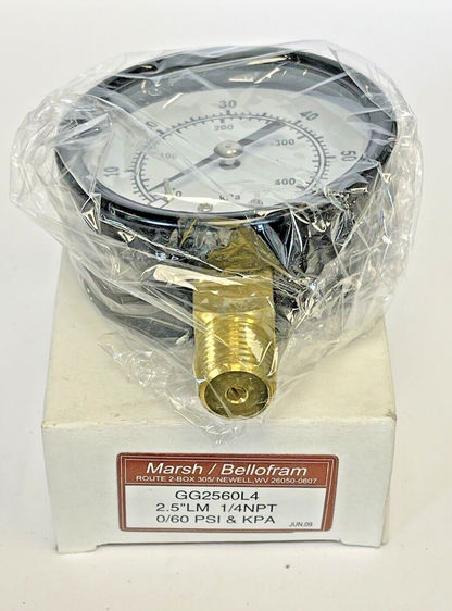 MARSH/ BELLOFORM - GG2560L4- PRESSURE GAUGE - 2.5" DIAMETER, 1/4" NPT, 0-60 PSI