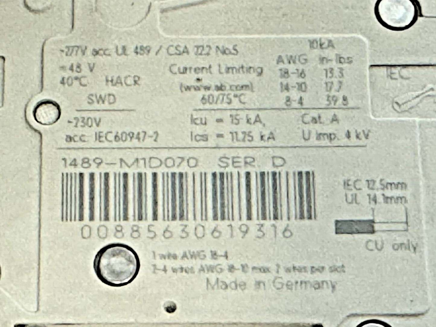 ALLEN-BRADLEY - 1489-M1D070 SER. D - MINIATURE CIRCUIT BREAKER - 1 P, 7A, 277 V