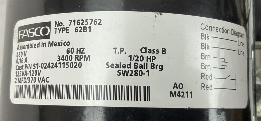 YORK FASCO S1-02424115020 VENTER MOTOR 460V 60HZ 0.16A 3400RPM 1/20HP