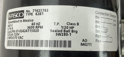 YORK FASCO S1-02424115020 VENTER MOTOR 460V 60HZ 0.16A 3400RPM 1/20HP