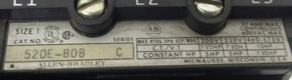 ALLEN BRADLEY, 520E-BOB , SER. C, STARTER, SIZE 1, 600V, 27A, 3PH, 120V COIL