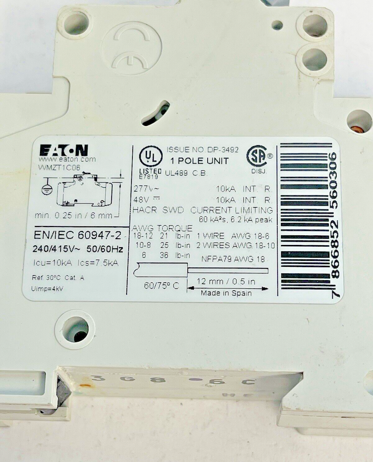EATON - WMZT1C06 - CIRCUIT BREAKER -1 POLE,6A,277V & EATON - WMTZTAUX - CONTACT