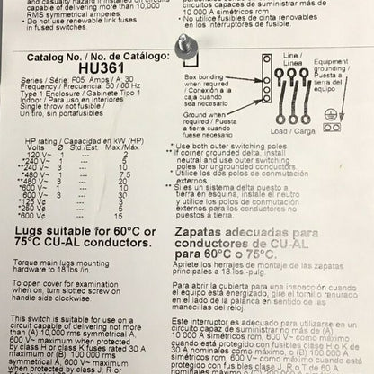 SQUARE D HU361 SER.F05 SAFETY SWITCH 30A 600VAC/DC NON FUSIBLE TYPE 1