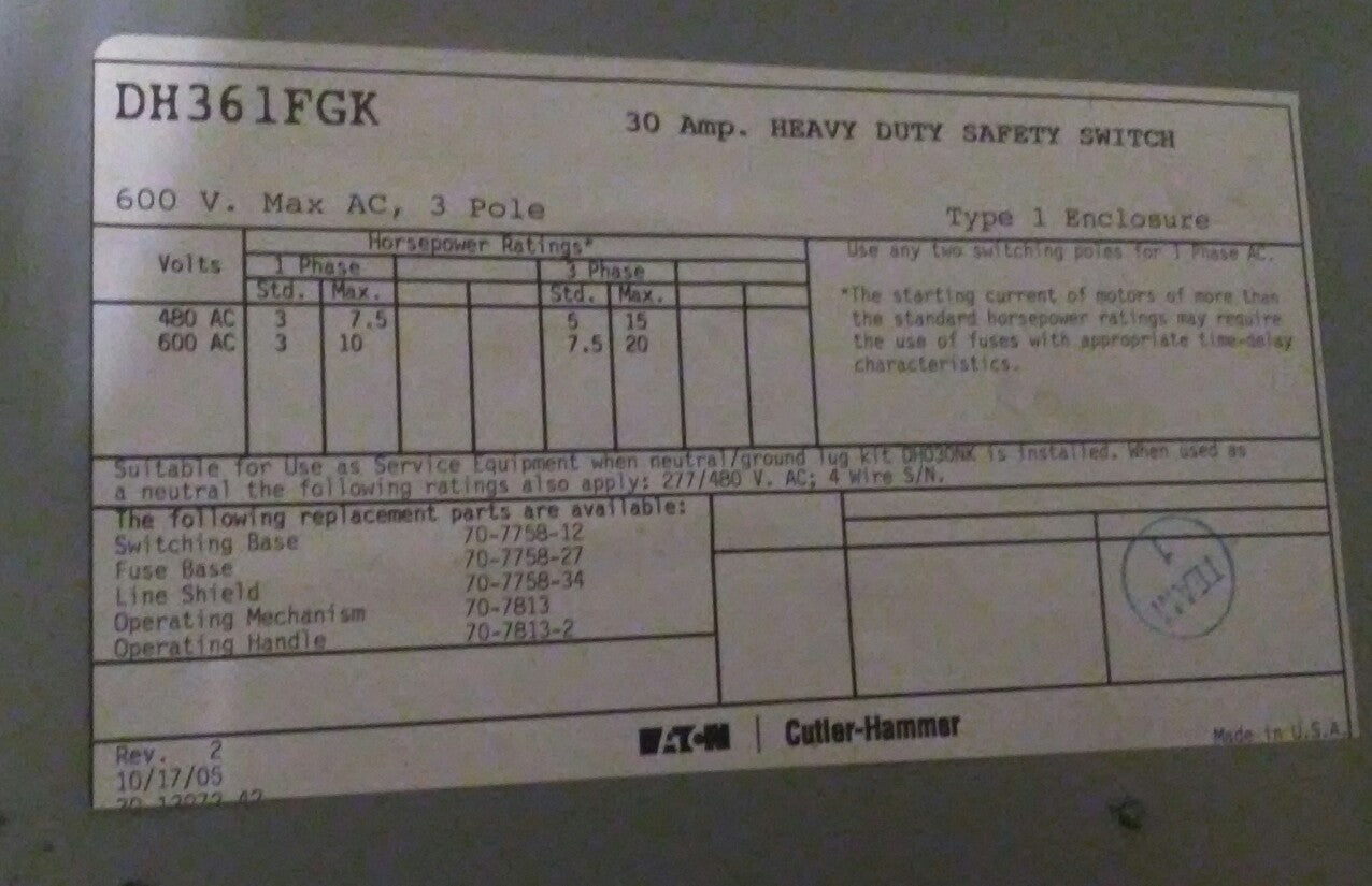 EATON CUTLER-HAMMER 600VAC 30A 3P HEAVY DUTY SAFETY SWITCH, DH361FGK*