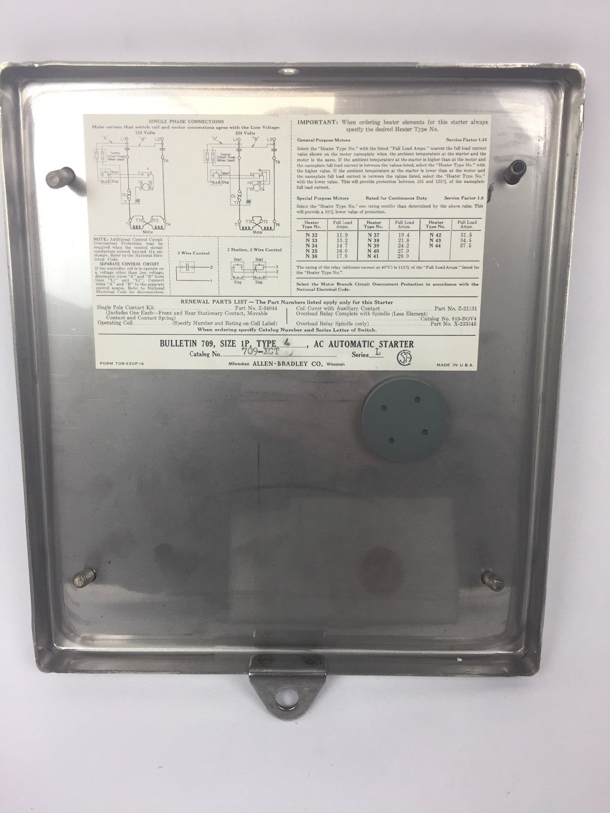 ALLEN BRADLEY 709-XCT ACROSS THE LINE AC STARTER SIZE 1P NEMA 4 120/240 V 60 HZ