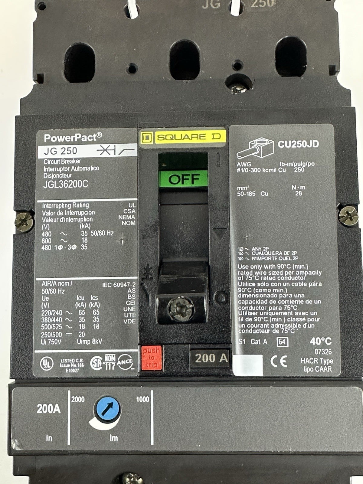 SQUARE D JGL36200C CIRCUIT BREAKER 200A 3P 600V 35kA POWERPACT J