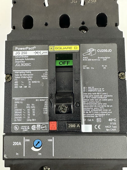 SQUARE D JGL36200C CIRCUIT BREAKER 200A 3P 600V 35kA POWERPACT J