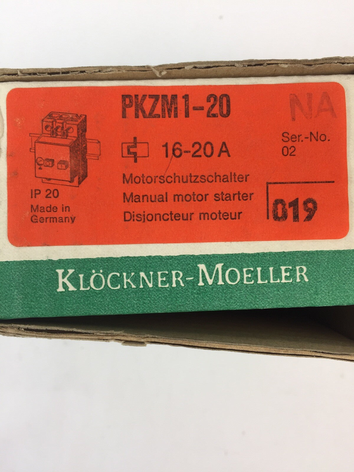 KLOCKNER MOELLER PKZM1-20 NA MANUAL MOTOR STARTER 16-20A 600VAC 15HP 3 PHASE