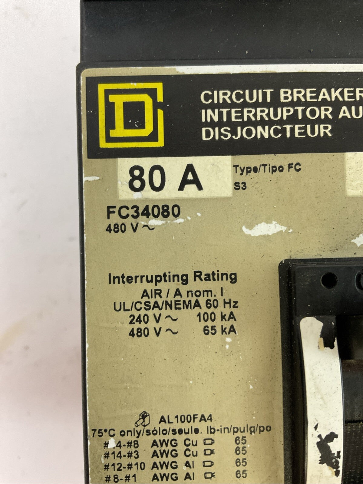 SQUARE D FC34080 CIRCUIT BREAKER 480VAC 3POLE 80AMP