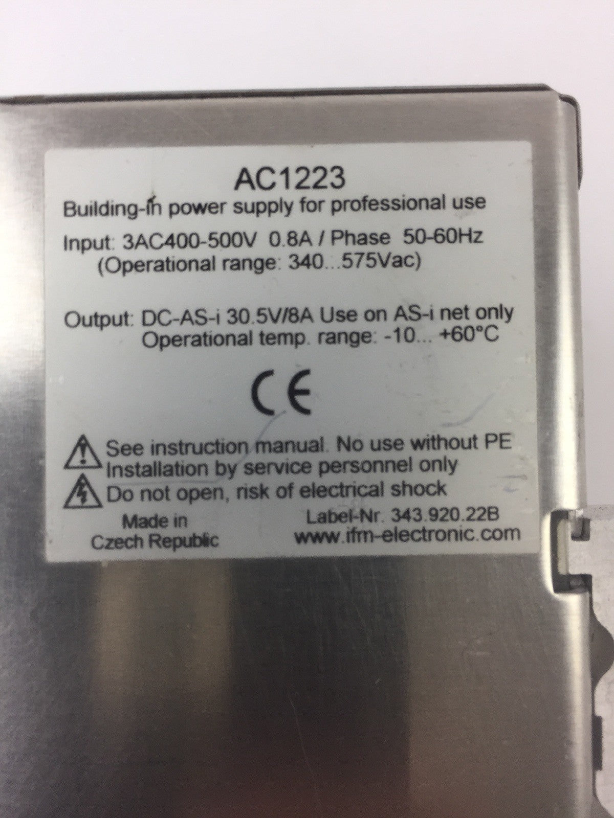 IFM AC1223 POWER SUPPLY INPUT 3AC400-500V 0.8A/PHASE OUTPUT DC-AS-i 30.5V/8A