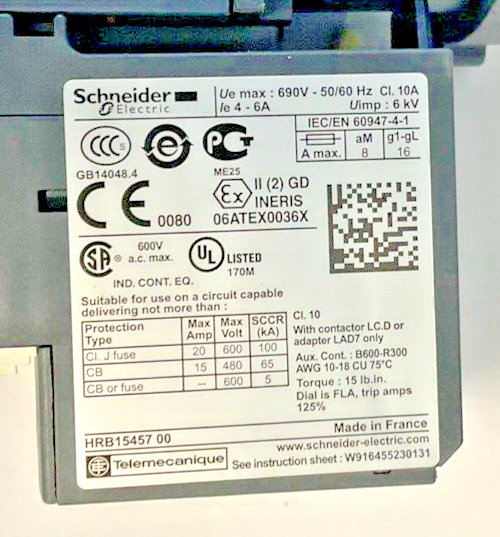 SCHNEIDER ELECTRIC LC1 D09 W/ LRD 10 CONTACTOR OVERLOAD RELAY 25A 690V 50/60HZ