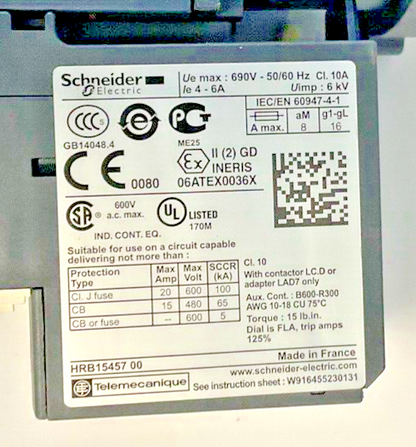 SCHNEIDER ELECTRIC LC1 D09 W/ LRD 10 CONTACTOR OVERLOAD RELAY 25A 690V 50/60HZ