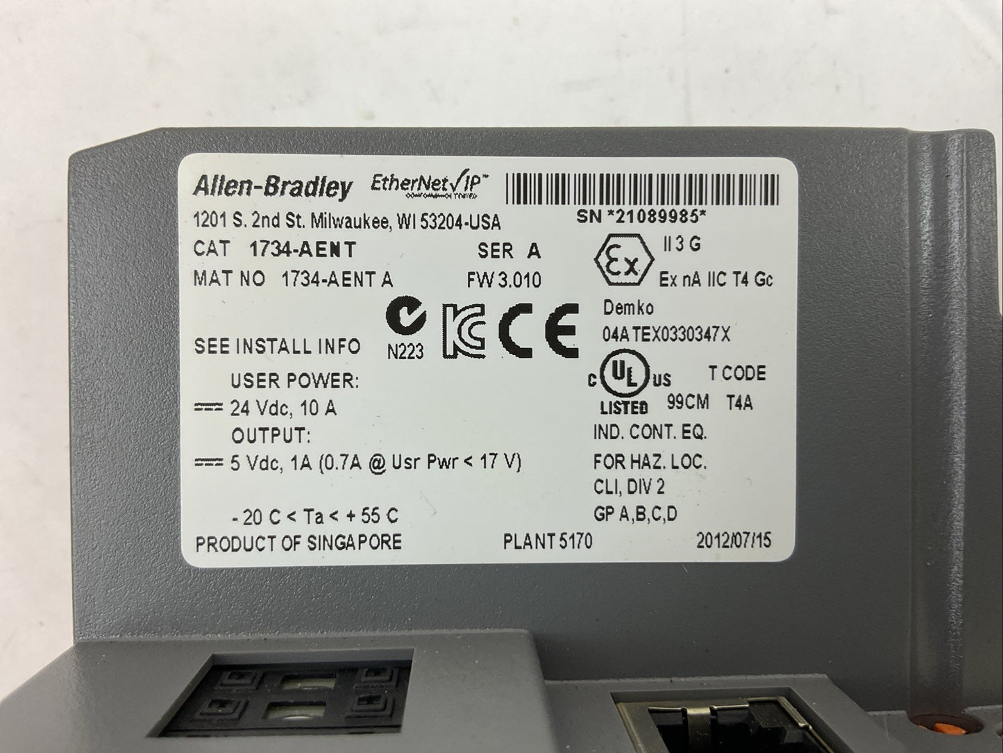 ALLEN BRADLEY 1734-AENT FW 3.010 SER A NETWORK ADAPTOR OUTPUT 5VDC 1A