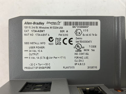 ALLEN BRADLEY 1734-AENT FW 3.010 SER A NETWORK ADAPTOR OUTPUT 5VDC 1A