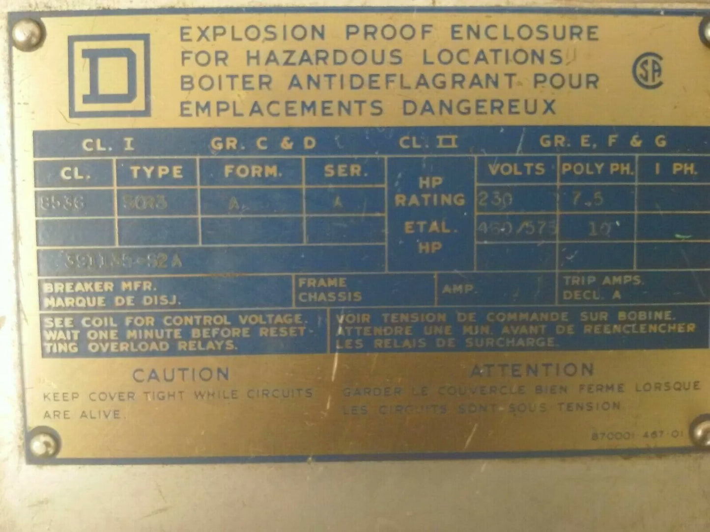 SQUARE D CLASS 8536 TYPE SCR3 8536-SCR3 EXPLOSION PROOF ENCLOSURE FORM A SER. A