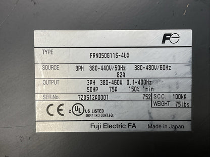 FUJI FRN050G11S-4UX FRENIC 5000G11 DRIVE OUTPUT 3PH 380-460V 50HP 75A INPUT 3PH