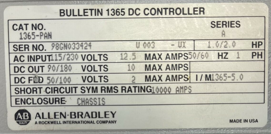 ALLEN BRADLEY 1365-PAN BULLETIN 1365 DC CONTROLLER SER A OUTPUT 90/180VDC 10AMPS