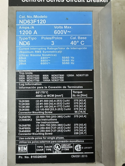 SENTRON SERIES ITE ND63F120 CIRCUIT BREAKER 1200AMP 600VAC 3P 1000AMP TRIP UNIT