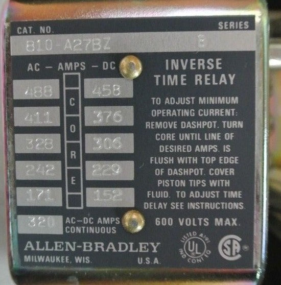 ALLEN-BRADLEY 810-A27BZ - INVERSE TIME CURRENT RELAY - 600V, 320A - NEW SURPLUS