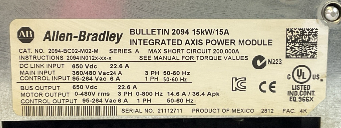 ALLEN BRADLEY 2094-BC02-M02-M INTERGRATED AXIS POWER MODULE 2094-EN02D-M01-S0