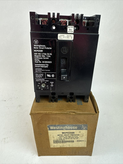 WESTINGHOUSE MCP0358R MOTOR CIRCUIT PROTECTOR 3P 7A 600VAC TRIP RANGE 18-58