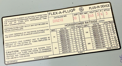 GENERAL ELECTRIC DH421R FUSIBLE BUS PLUG 30A 240VAC 30A 4W 3P STYLE 3 FLEXAPLUG