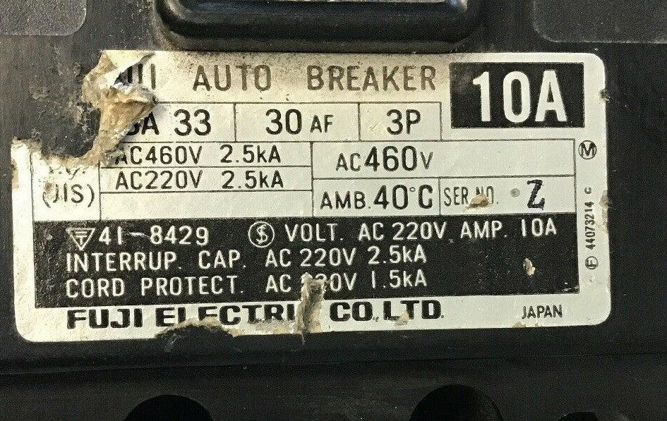 FUJI AUTO BREAKER SA33 SER.Z 10AMP CIRCUIT BREAKER 460VAC