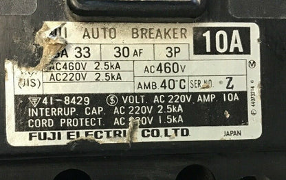 FUJI AUTO BREAKER SA33 SER.Z 10AMP CIRCUIT BREAKER 460VAC
