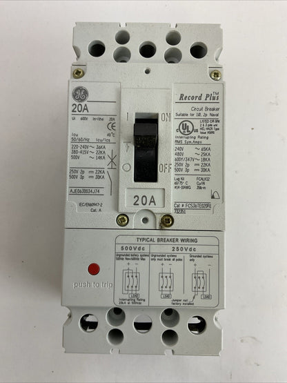 GE FCS36TE020R1 RECORD PLUS CIRCUIT BREAKER - 20A, 600Y/347VAC/500VDC, 3-POLE