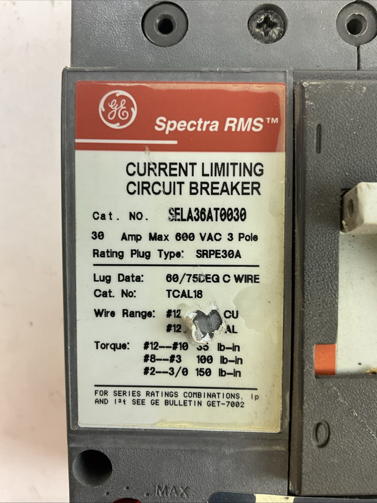 GE SELA36AT0030 CIRCUIT BREAKER 30AMP 3POLE 600VAC SRPE30A30 TRIP PLUG 30A