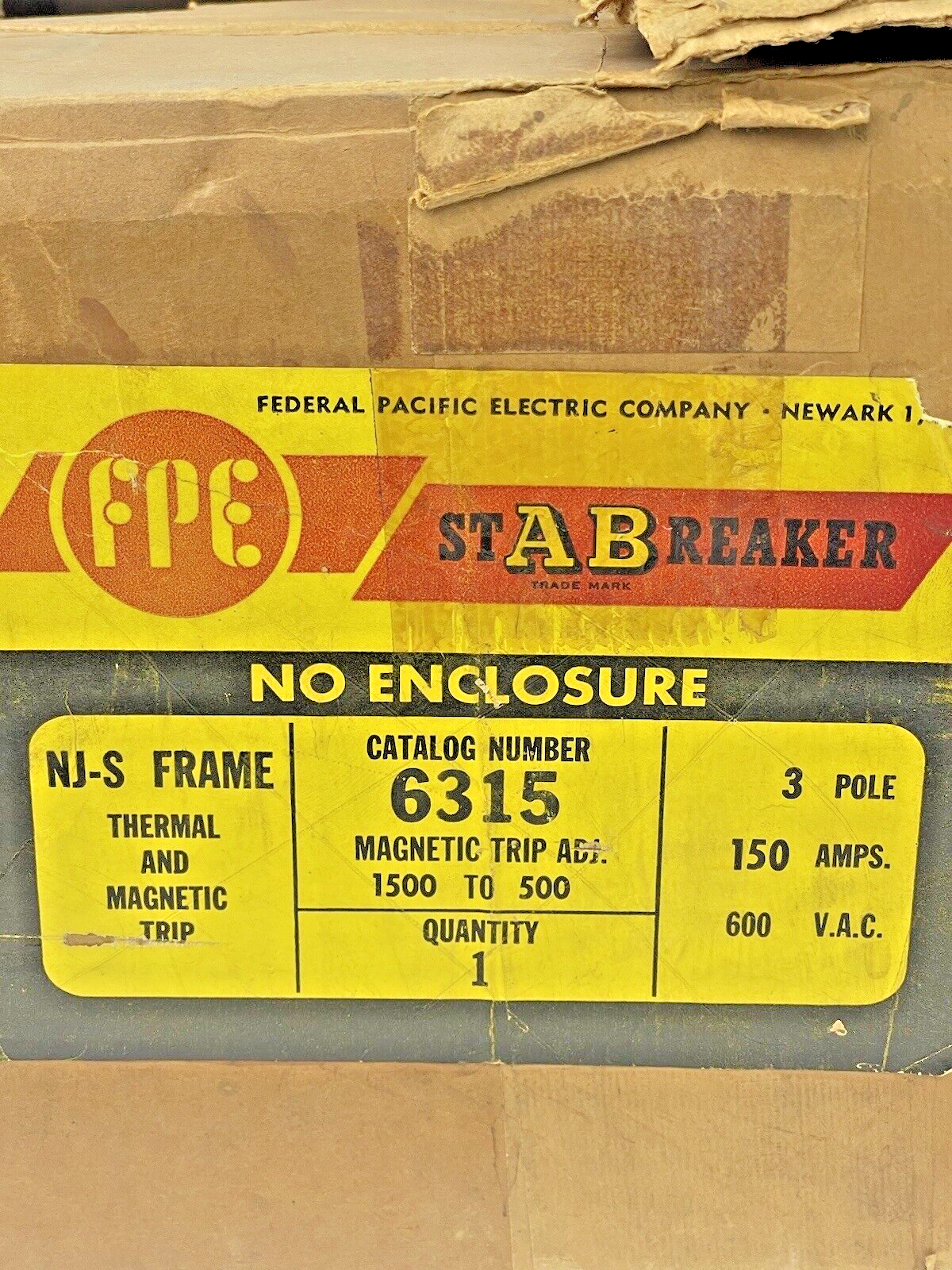 FEDERAL PACIFIC - 6315 - 3 POLE, 150A, 600 VAC AB CIRCUIT BREAKER - NJ631150