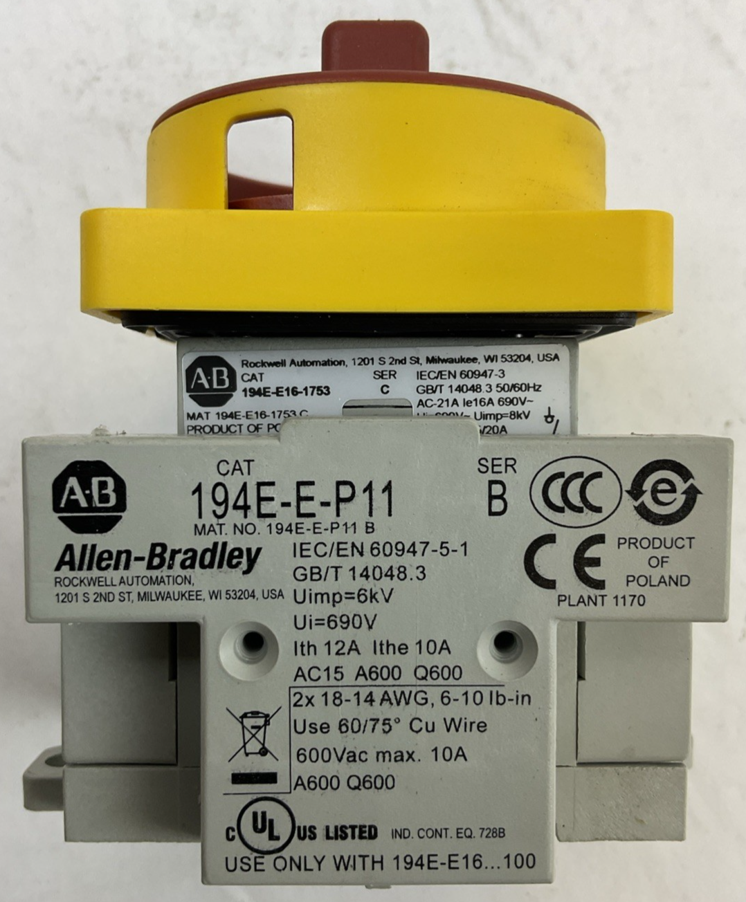 ALLEN BRADLEY 194E-E16-1753 SER C 600VAC 16A DISCONNECT SWITCH 194E-E-P11 SER B