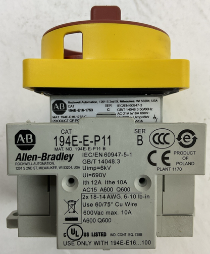 ALLEN BRADLEY 194E-E16-1753 SER C 600VAC 16A DISCONNECT SWITCH 194E-E-P11 SER B