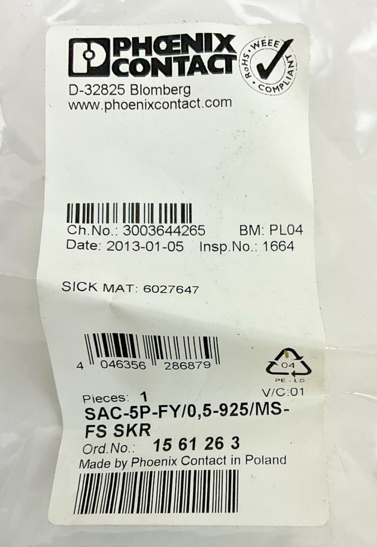 PHOENIX CONTACT SAC-5P-FY/0,5-925/MS-FS BUS SYSTEM CABLE