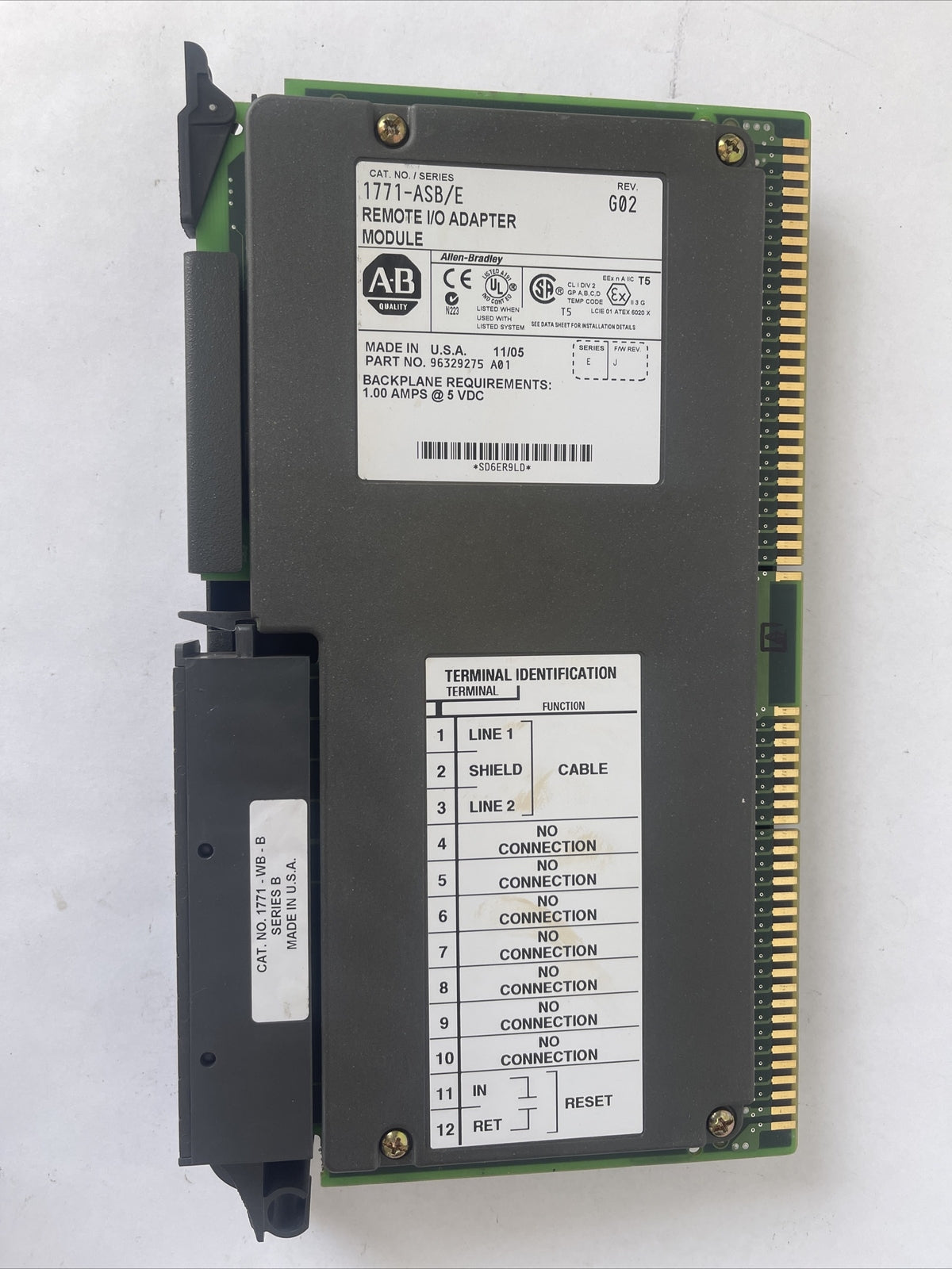 ALLEN BRADLEY 1771-ASB REMOTE I/O ADAPTER MODULE SERIES E REV G02 5VDC F/W REV J