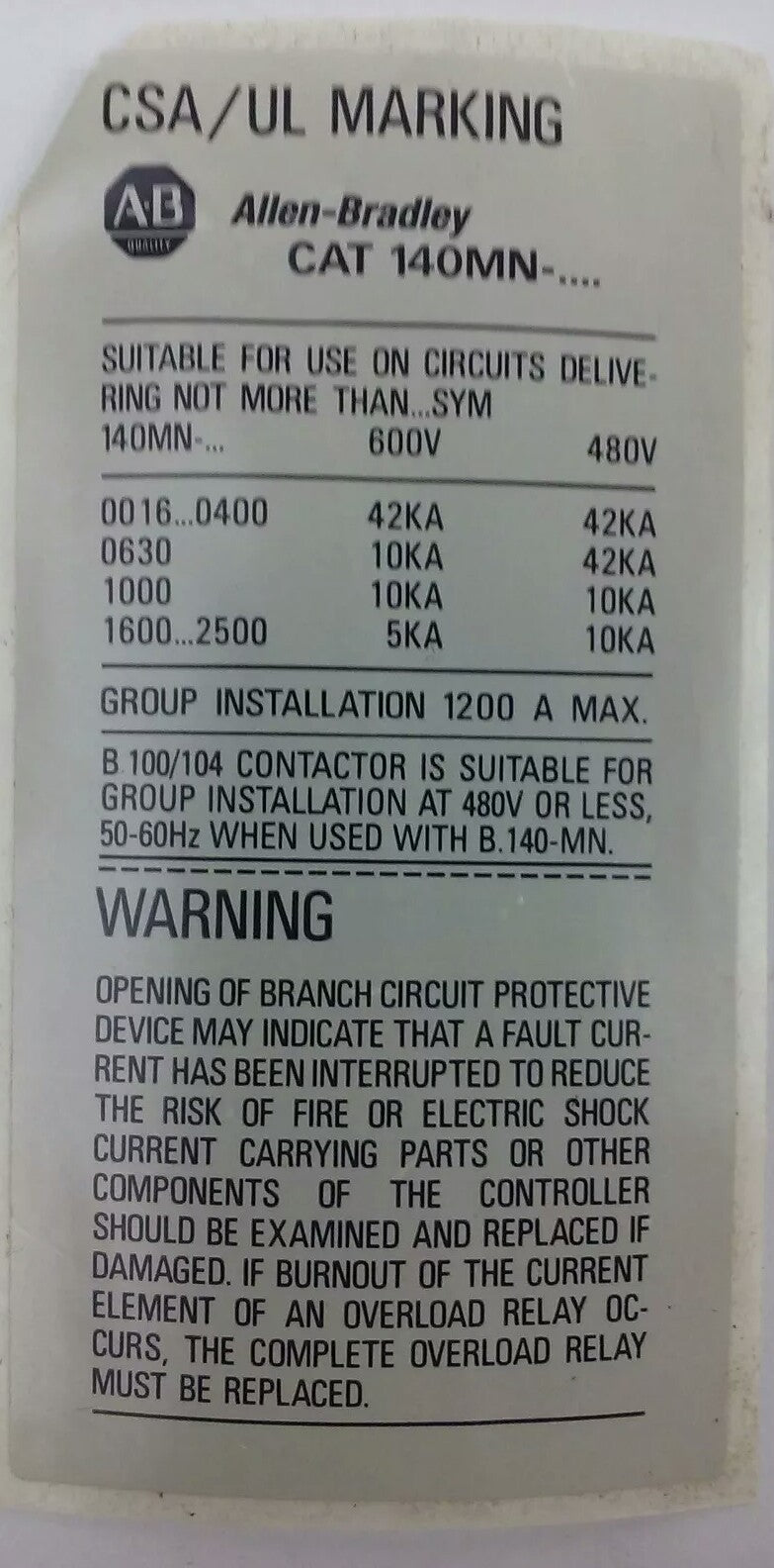 ALLEN BRADLEY 140-MN-0160, MANUEL MOTOR STARTER/ CIRCUIT BREAKER, 3PH, 600V,2.5A