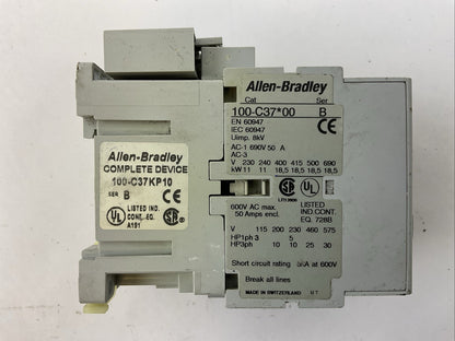 ALLEN BRADLEY 100-C37KP10 CONTACTOR 100-C37*00 SER B 600VAC 50AMP 30HP 3PH