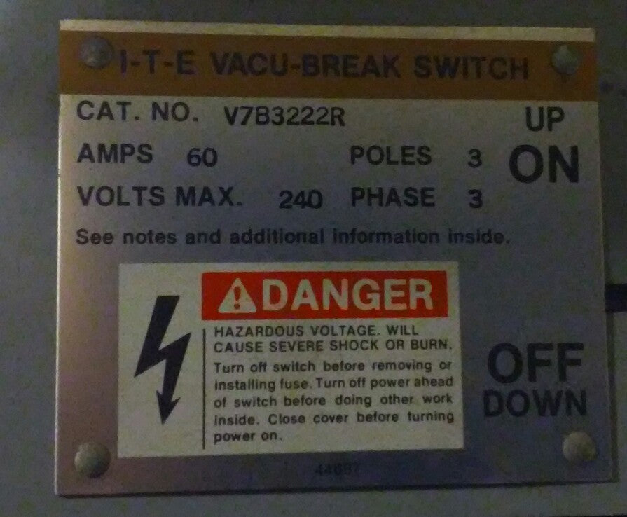 ITE V7B3222R TWIN VACU BREAK PANELBOARD SWITCH 3P 60A 240V