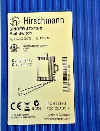 HIRSCHMANN SPIDER 4TX/1FX RAIL SWITCH 24V 32VDC