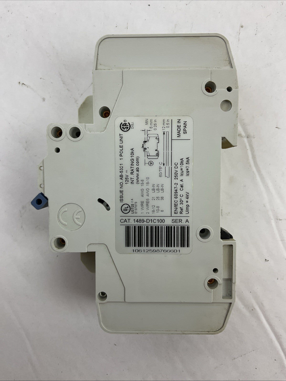 ALLEN BRADLEY 1489-D1C100 SER A CIRCUIT BREAKER 125VDC 10A 1489-ABH12