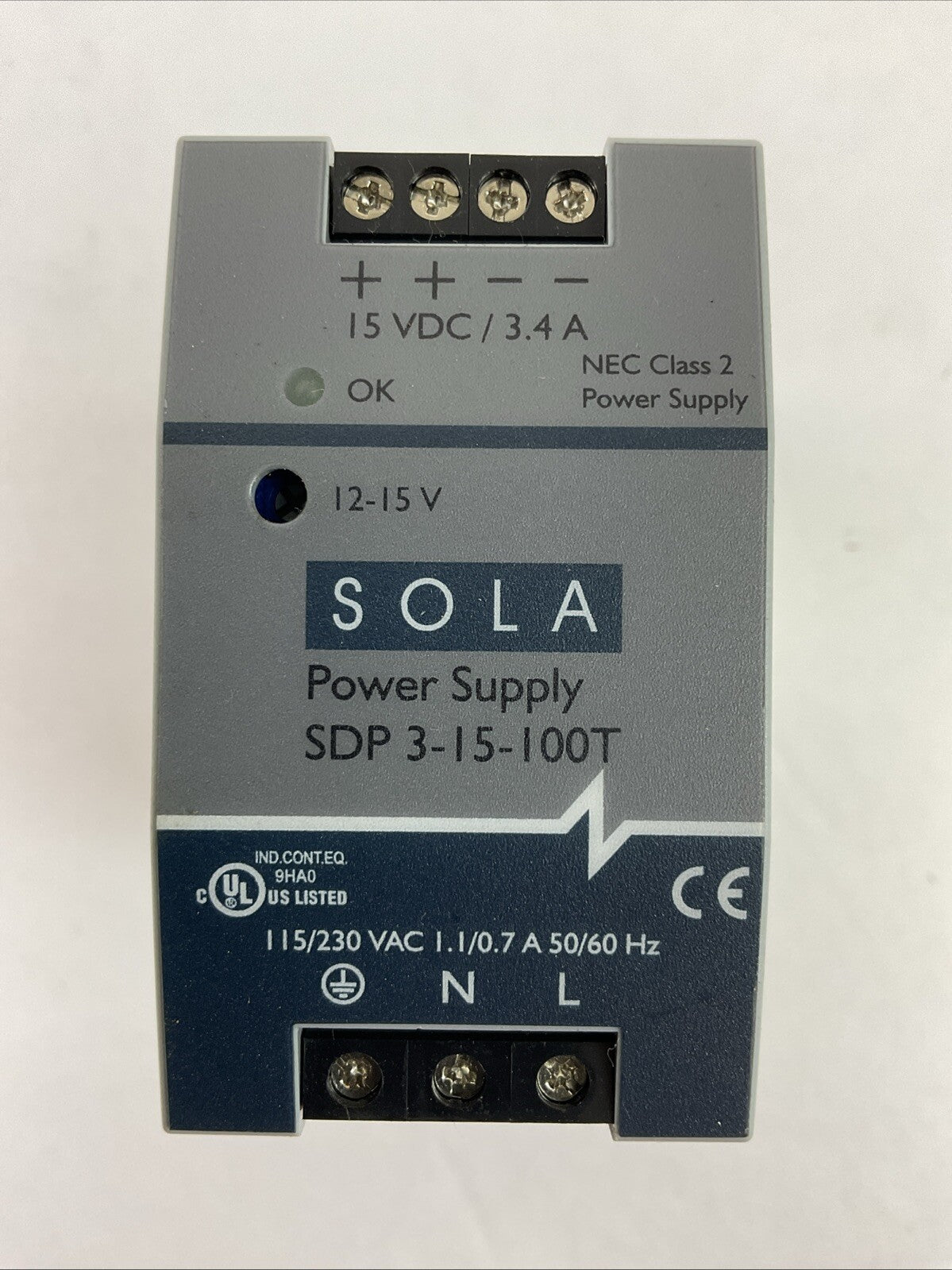 SOLA SDP 3-15-100T POWER SUPPLY 15VDC 3.4A NEC CLASS2 115/230VAC 1.1/0.7A